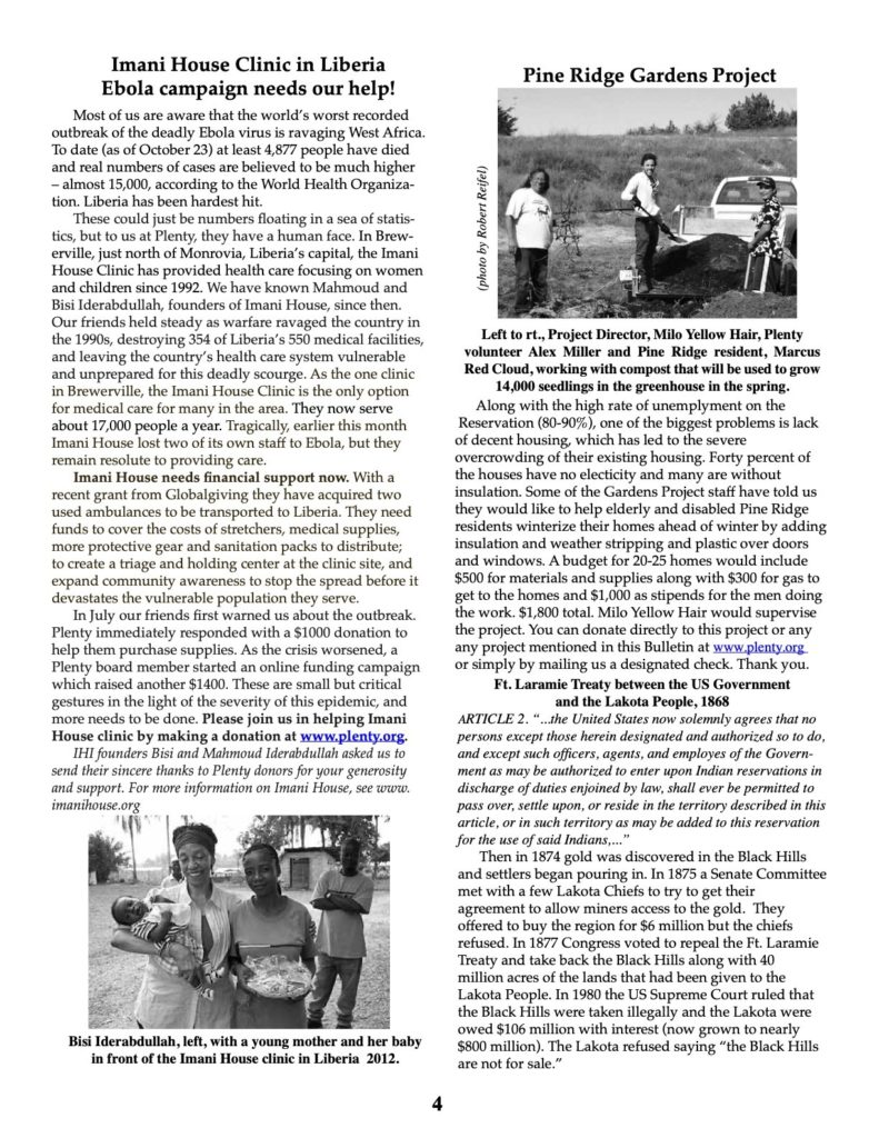 Alex Miller, Bisi Ideraabdullah, Casta Calderon, Chuck Haren, Florentina Choco, Jim Selin, Marcus Red Cloud, Milo Yellow Hair, Stephen Gaskin, Theresa Dardar, 2014, El Salvador, Guatemala, Liberia, Pine Ridge, Tennessee, Community Gardens, Disaster Relief, Food Security, Karen's Soy Nutrition, Kids to the Country, Plenty Belize, Rural Education, Soy Technology